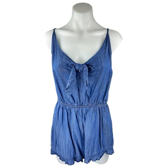 Mossimo Blue Sleeveless Tie Knit Ruffle Chambray Cami Tank Romper Shorts Size S - Picture 1 of 4